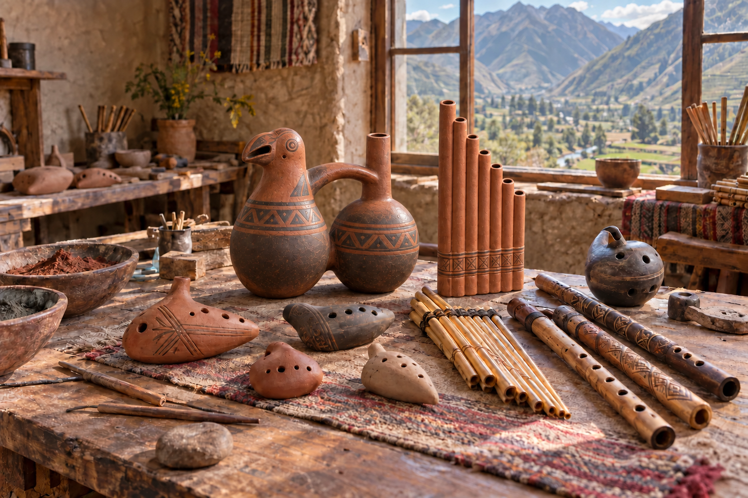 Original clay ocarinas, antaras, whistling vessels, and wooden flutes on an artisan workbench in the Sacred Valley